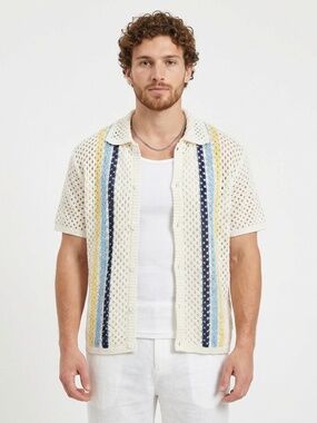 boohooMAN Oversized Boxy Open Stitch Placement Stripe Knit Shirt - Medium